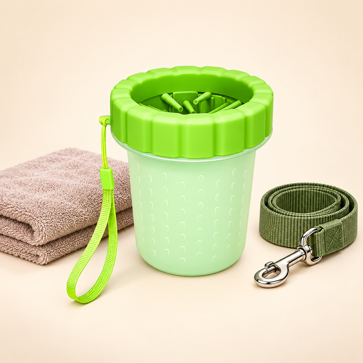 Compact portable paw cleaner beside towel and leash