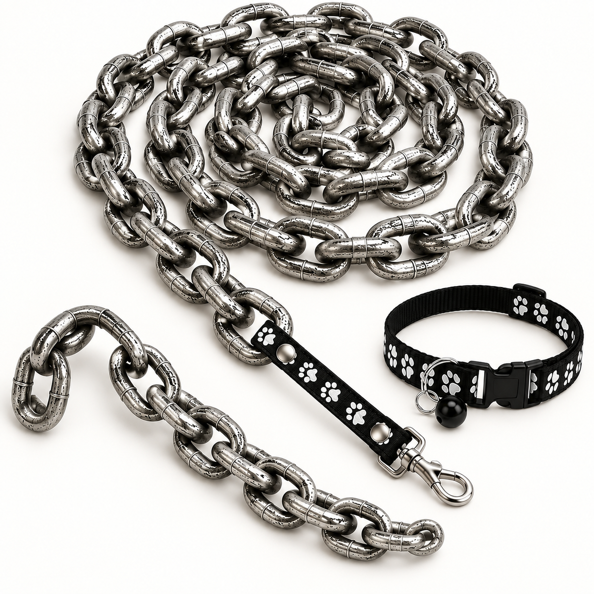 Oversized novelty chain leash with matching paw-print collar