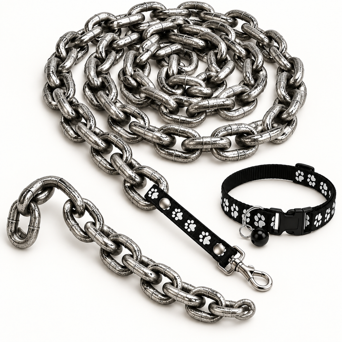 Oversized novelty chain leash with matching paw-print collar