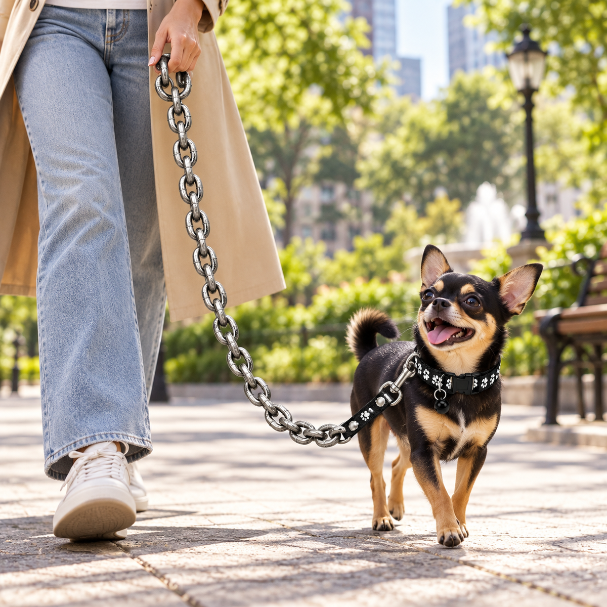 Small dog walking on an oversized novelty chain leash