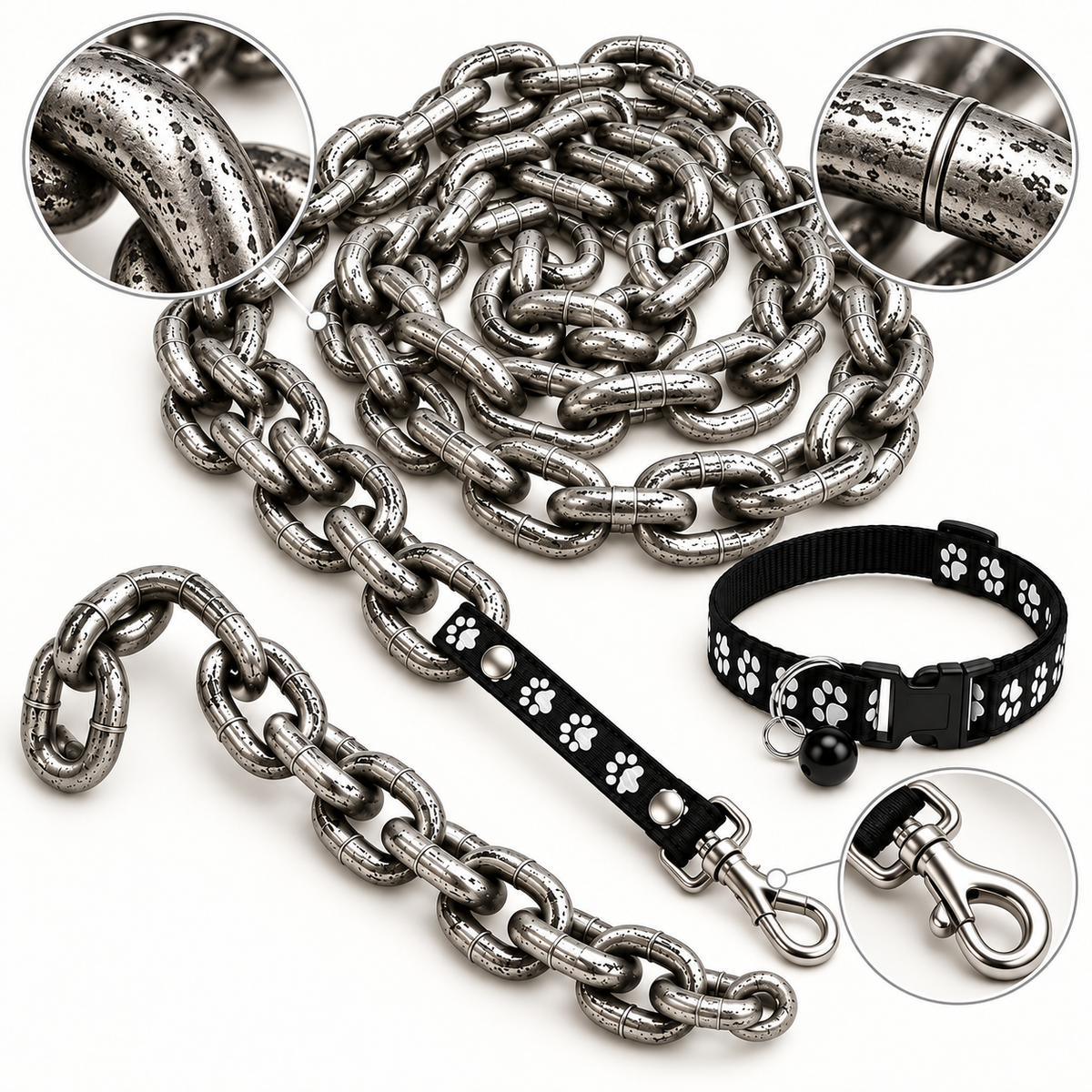 Close-up of the moulded plastic chain links in a weathered metal finish