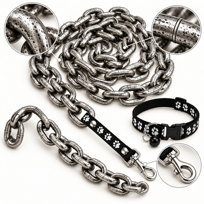 Close-up of the moulded plastic chain links in a weathered metal finish