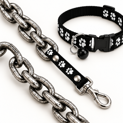 Padded paw-print connector tab and swivel clip on the chain leash
