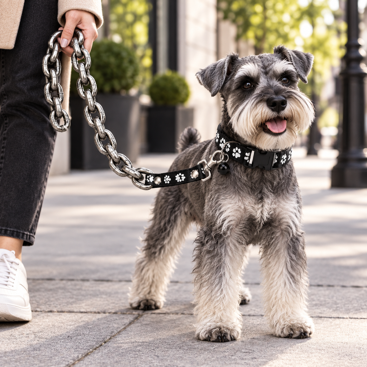 Small dog on a pavement with the oversized chain leash trailing behind