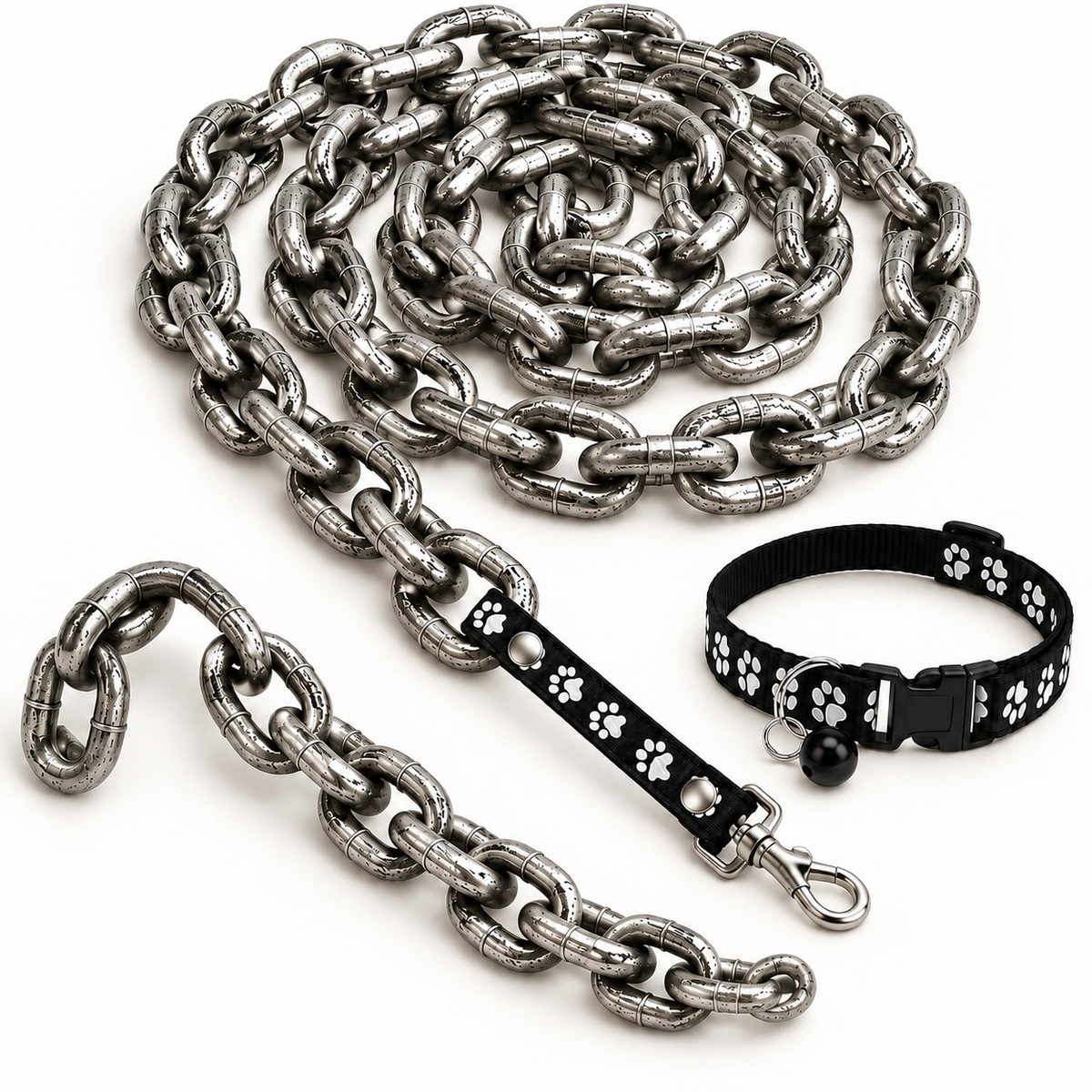 What is in the set: novelty chain leash and adjustable paw-print collar