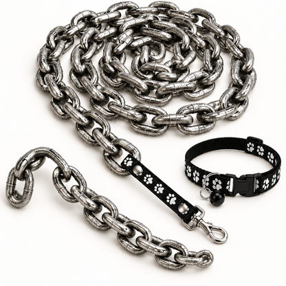 What is in the set: novelty chain leash and adjustable paw-print collar