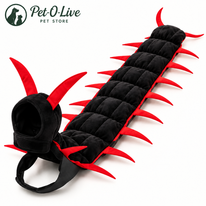 Halloween centipede cat costume in black and red, shown flat with a black cat wearing it