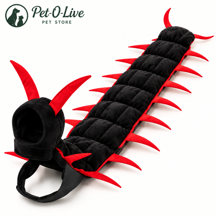 Halloween centipede cat costume in black and red, shown flat with a black cat wearing it