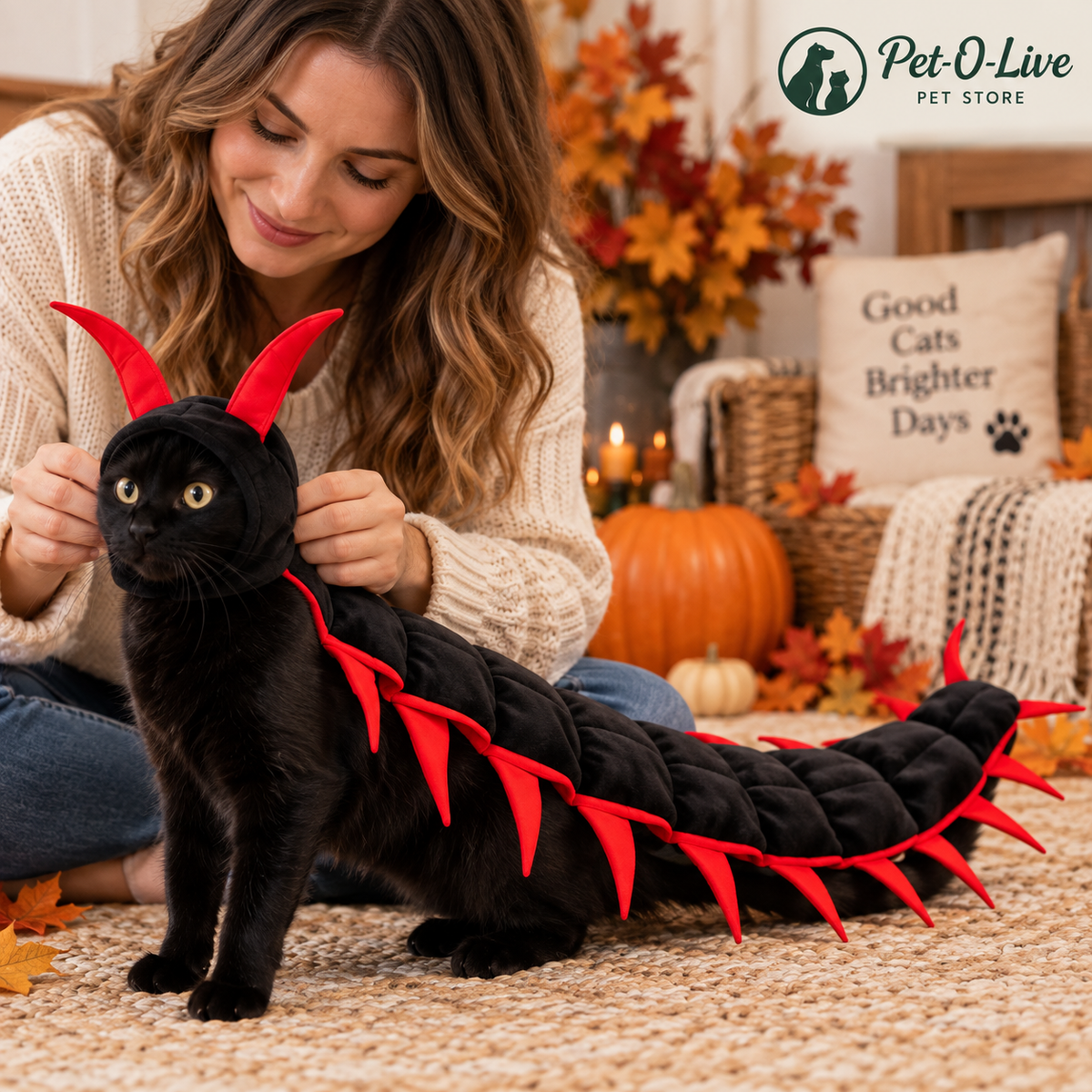 Owner fitting the black and red centipede costume on a black cat among autumn pumpkins