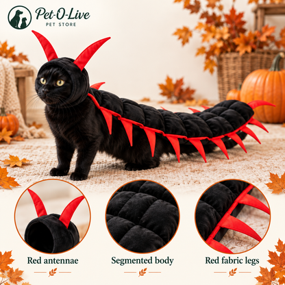 Close-up of the padded segmented body and red fabric legs of the centipede cat costume
