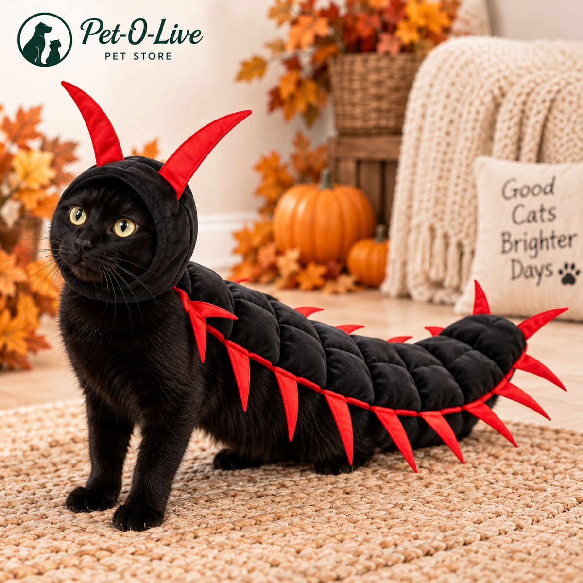 Detail of the soft hood and red antennae on the Halloween centipede cat costume