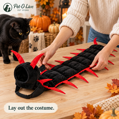 Putting the centipede costume on a cat step by step