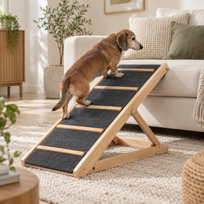 Small senior dog using the PetOlive adjustable wooden pet ramp