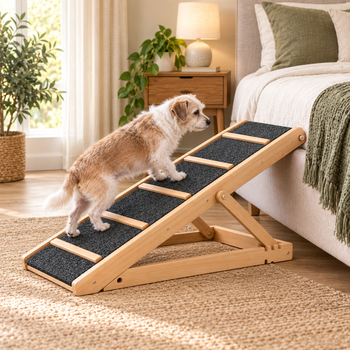 Small dog using adjustable pet ramp beside a bed