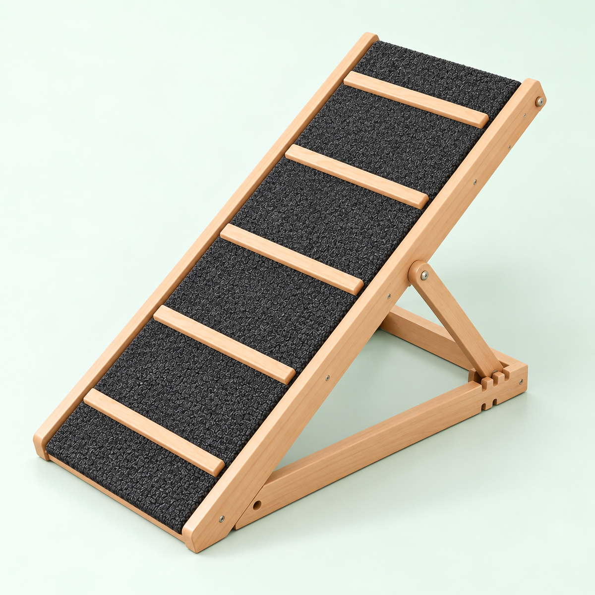Adjustable wooden pet ramp support frame and locking notches