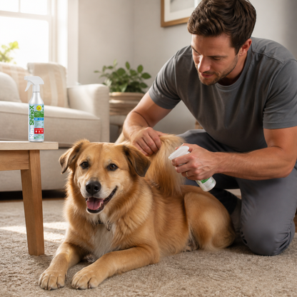 Owner spraying KineShineX flea and tick spray onto a golden dog’s coat at home
