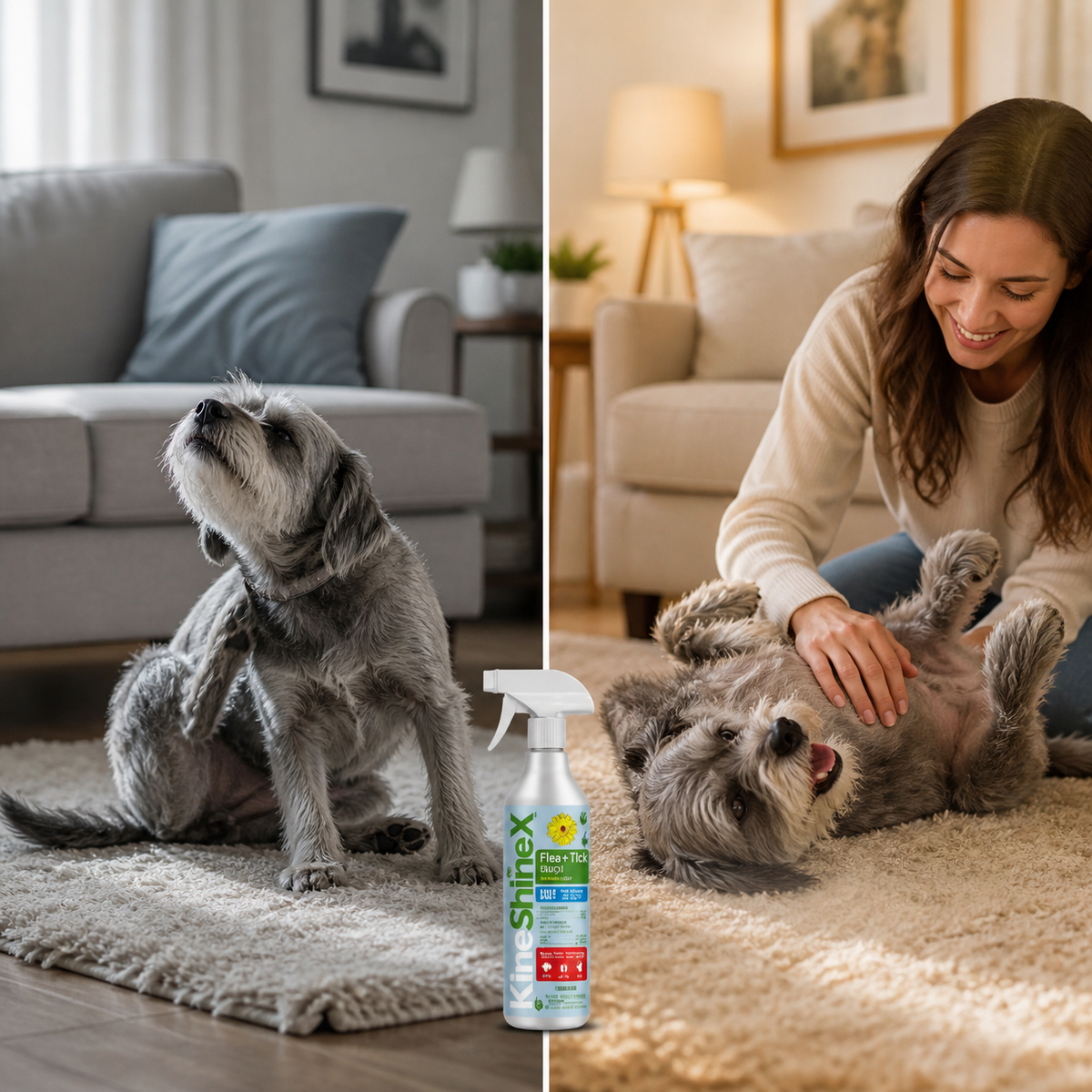Dog scratching on a rug, and the same dog relaxed with its owner after use