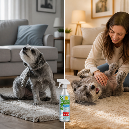 Dog scratching on a rug, and the same dog relaxed with its owner after use