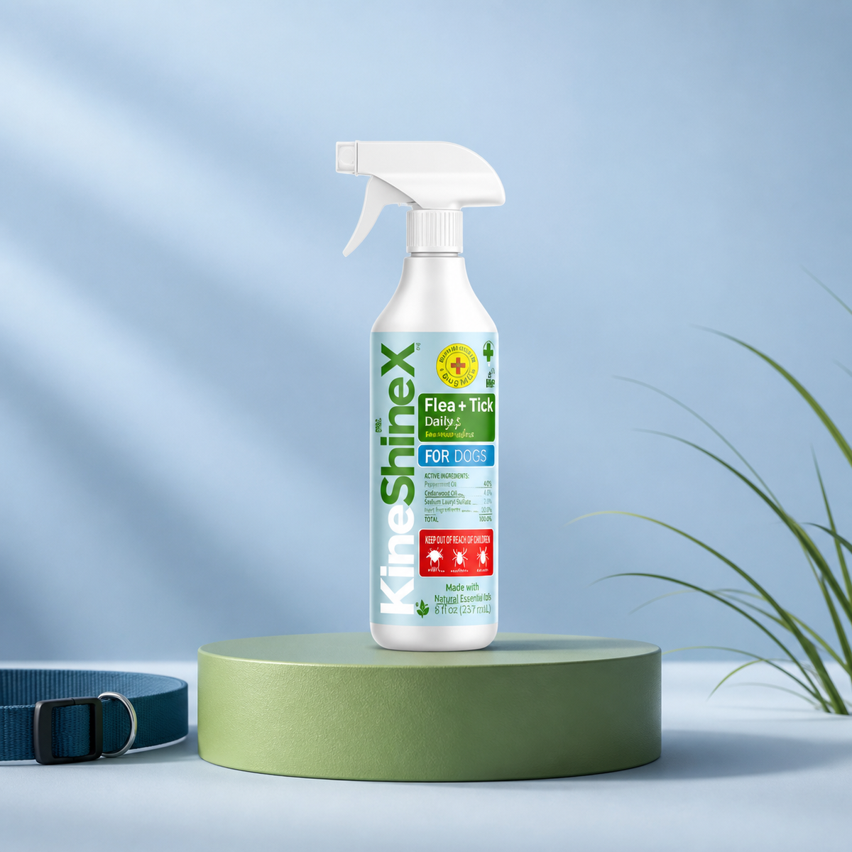 KineShineX Flea and Tick Spray for Dogs, 8 fl oz bottle with peppermint and cedarwood oils