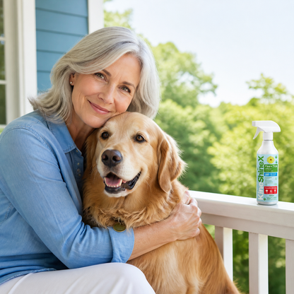 Older dog owner sitting with their dog after a flea and tick spray application