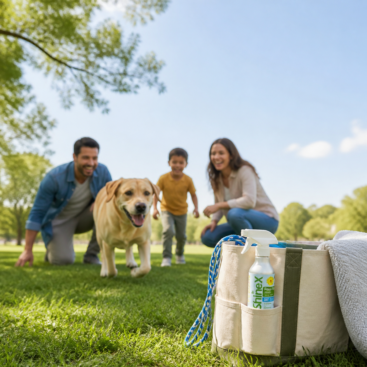Family walking their dog through a park