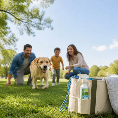 Family walking their dog through a park