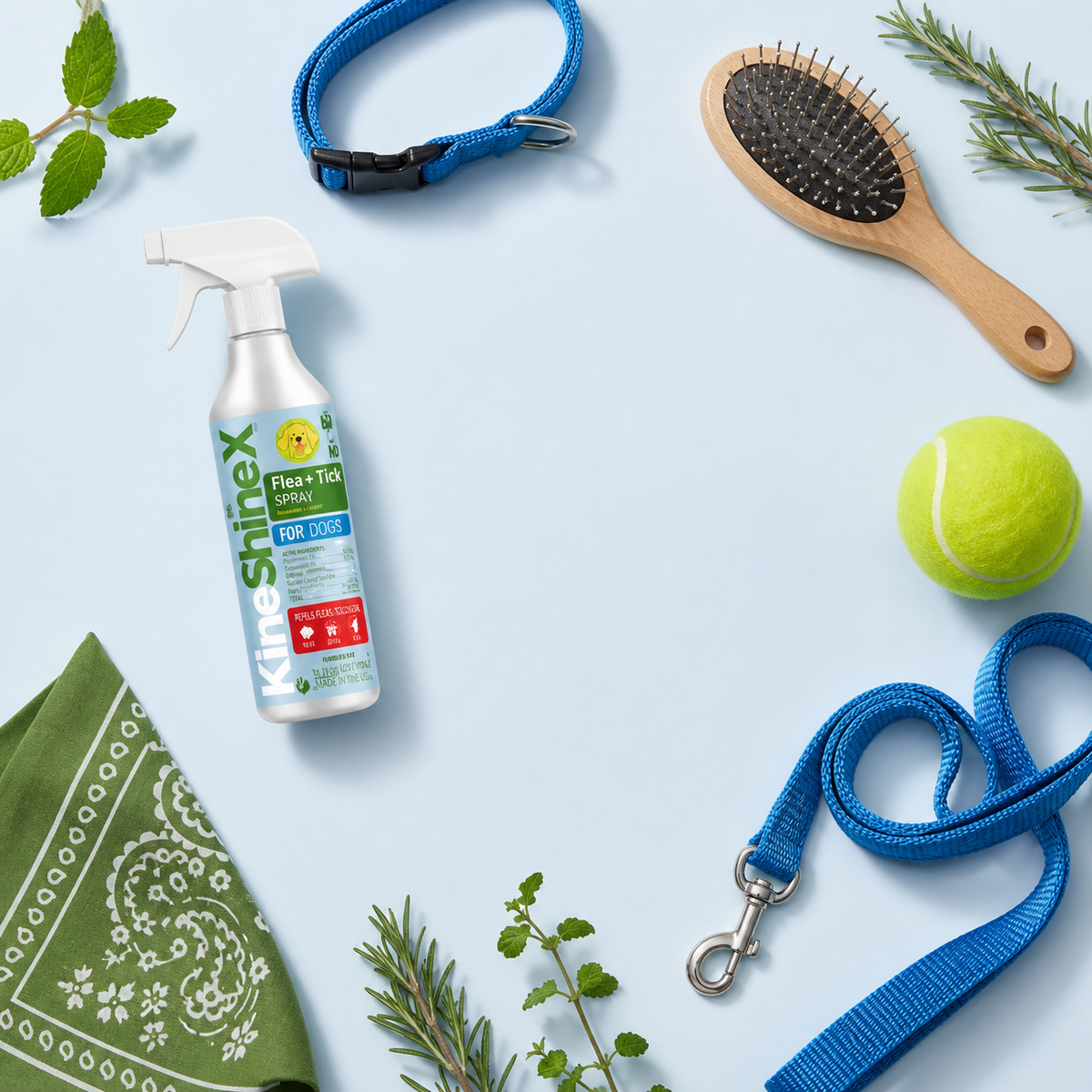 KineShineX spray bottle laid out with a dog brush, collar, lead and fresh herbs