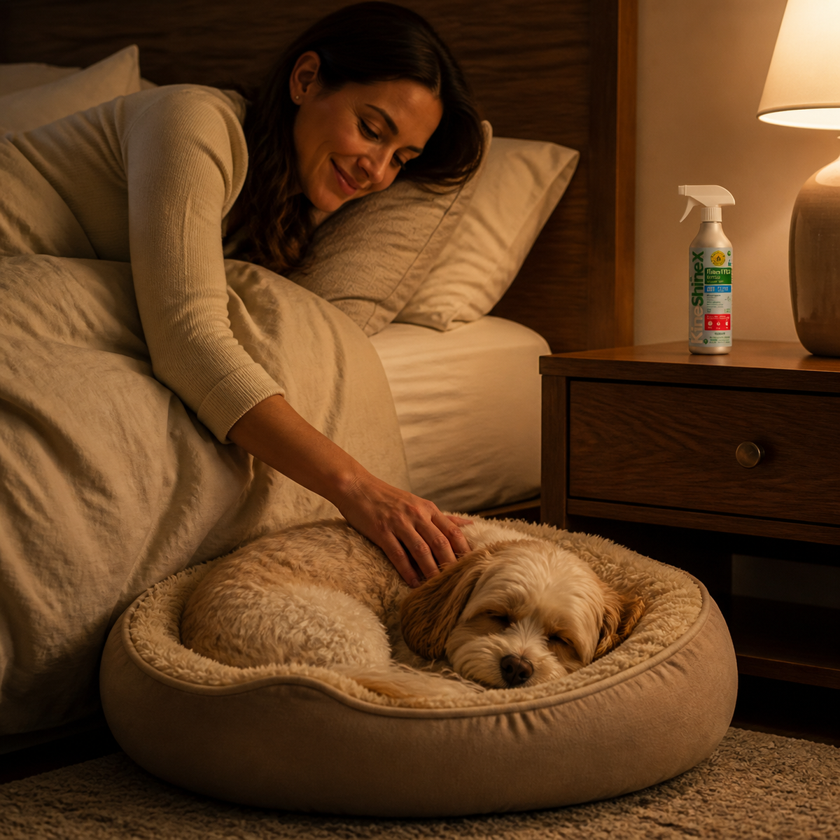 Dog asleep in its bed at night with the KineShineX bottle on the nightstand