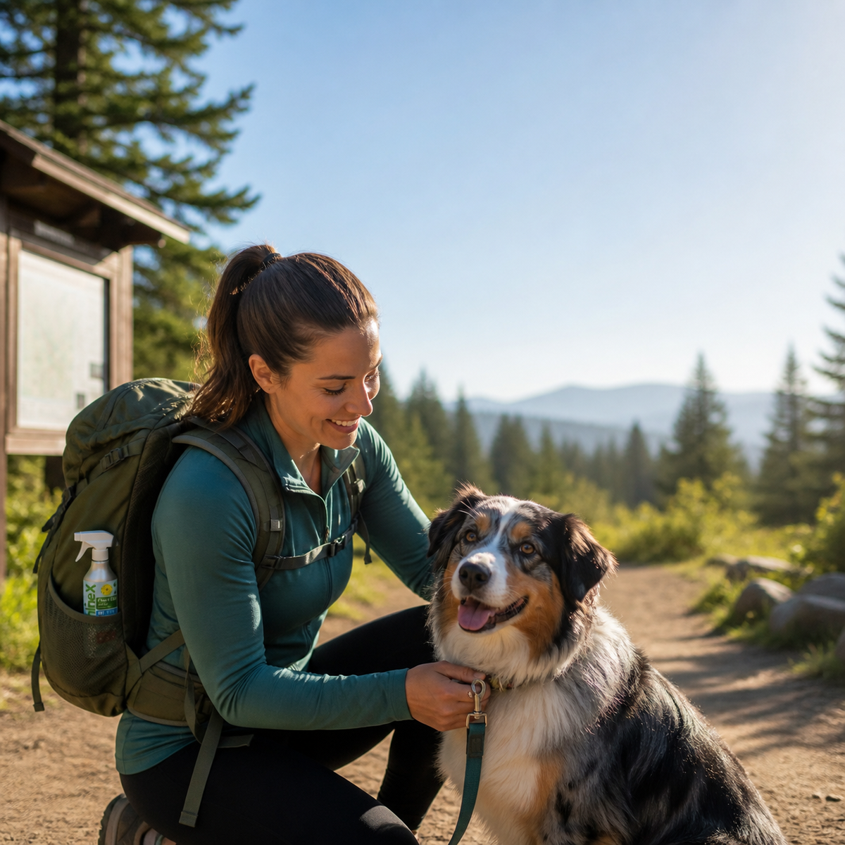 Dog on a woodland hiking trail with its owner