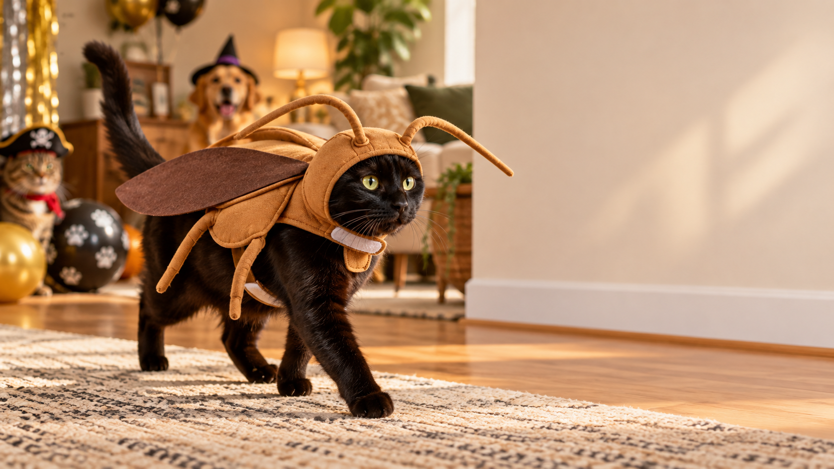 Cat wearing the PetOlive cockroach costume at home