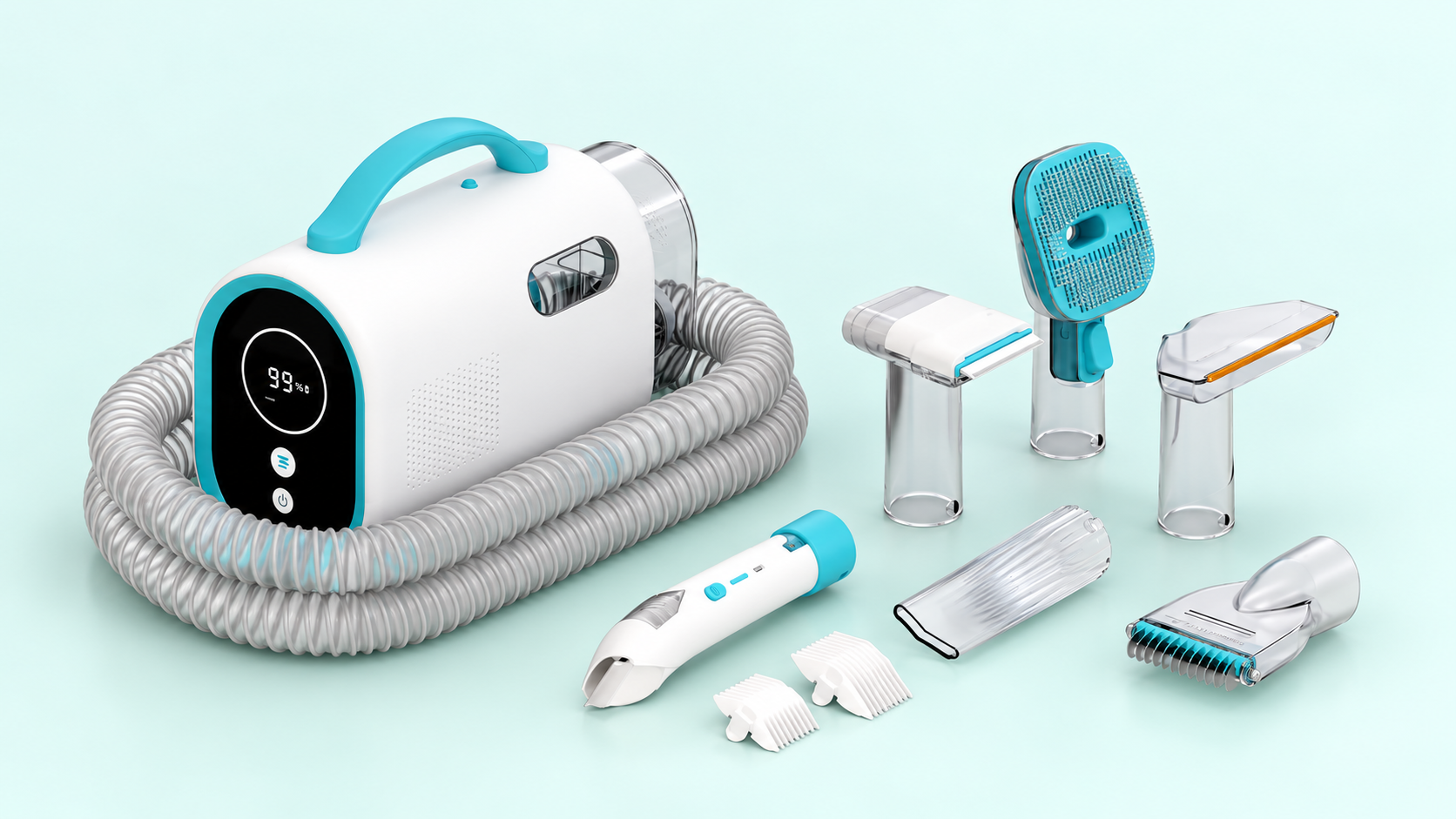 PetOlive grooming vacuum kit and included attachments