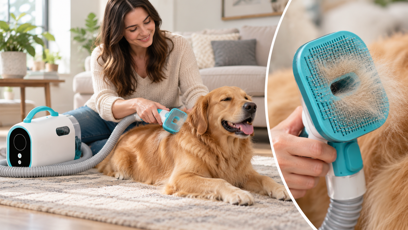 PetOlive grooming vacuum kit used to brush a dog's coat