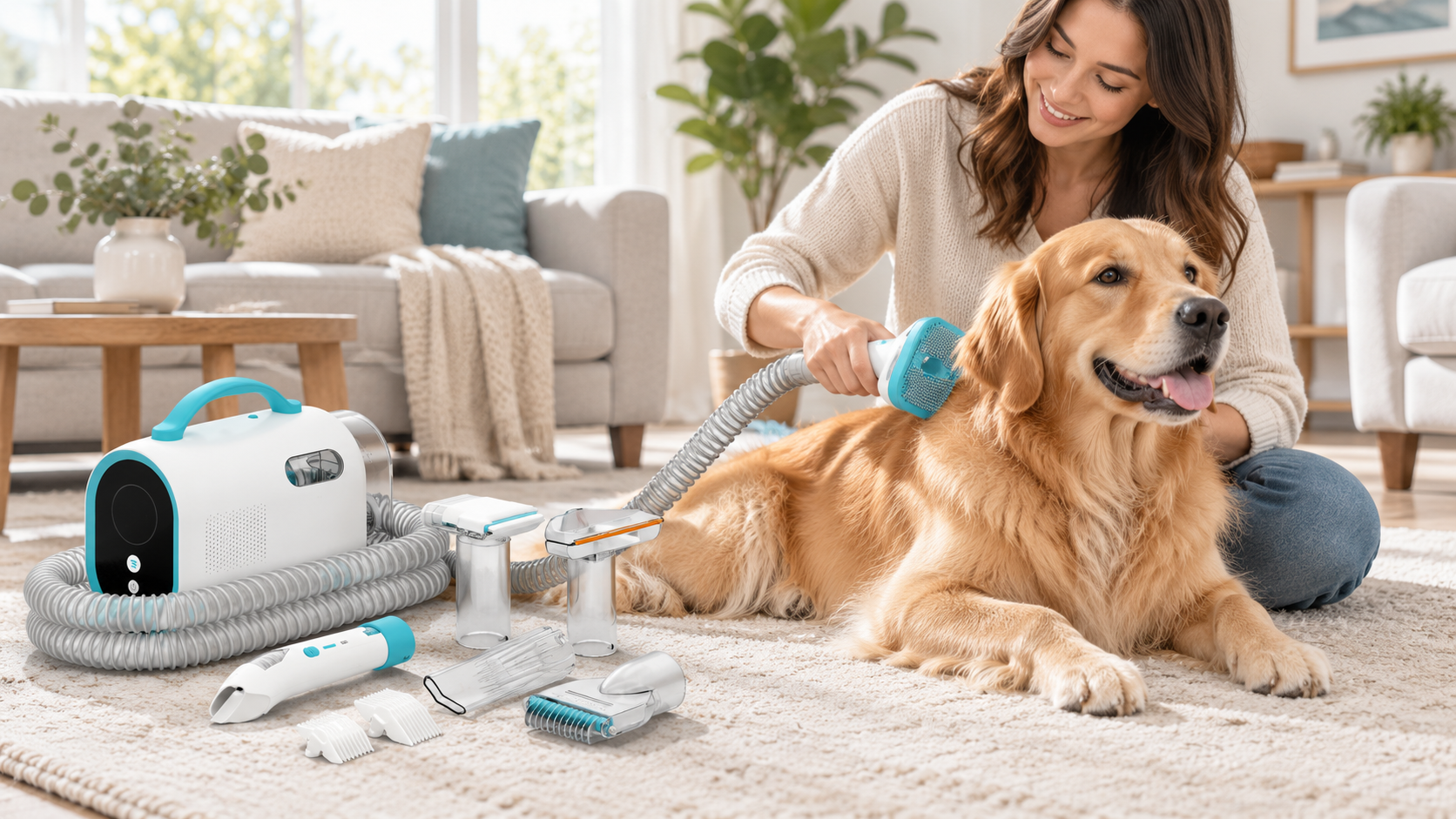 Dog being calmly groomed with the PetOlive grooming vacuum kit