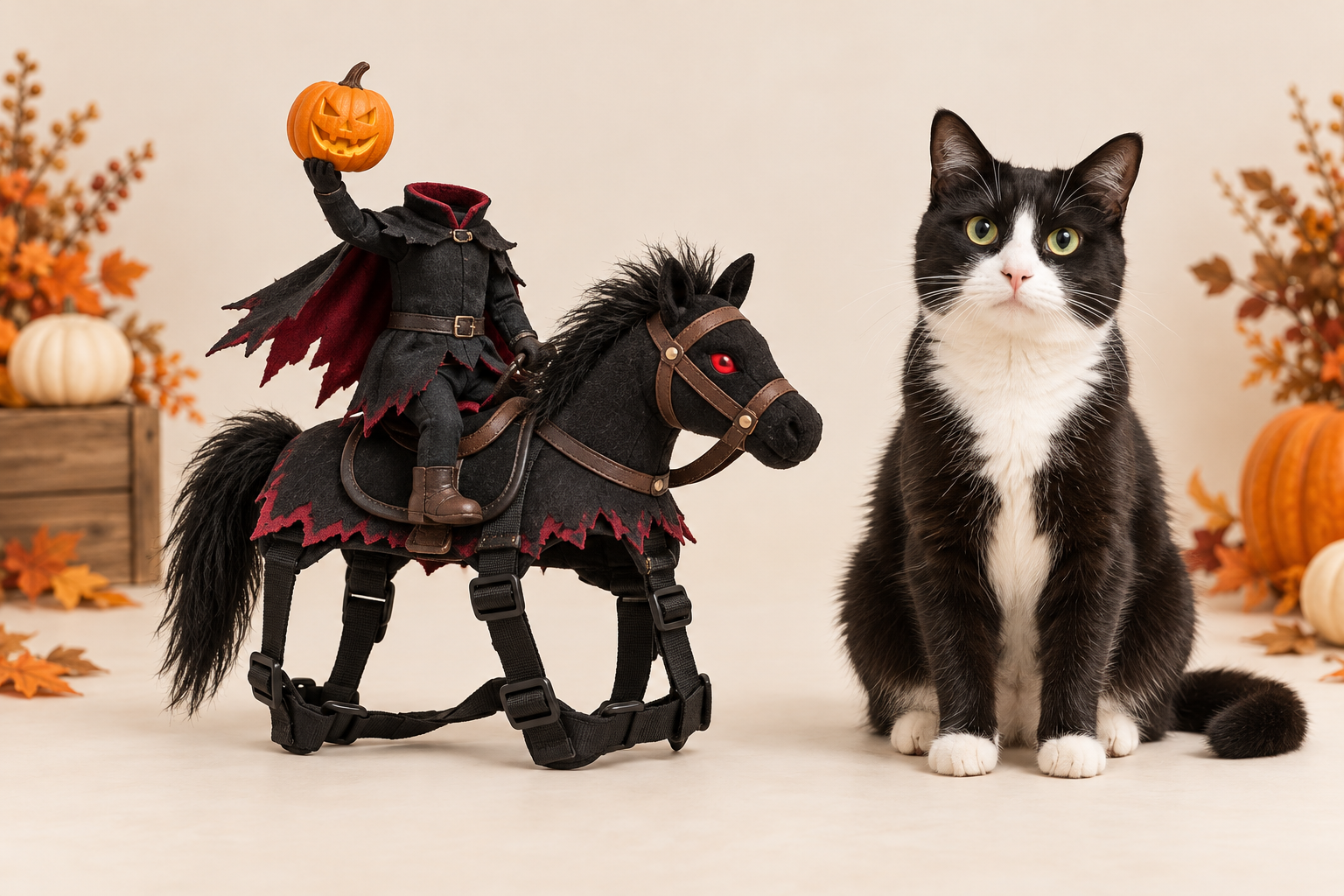 Headless Horseman pet costume beside a cat
