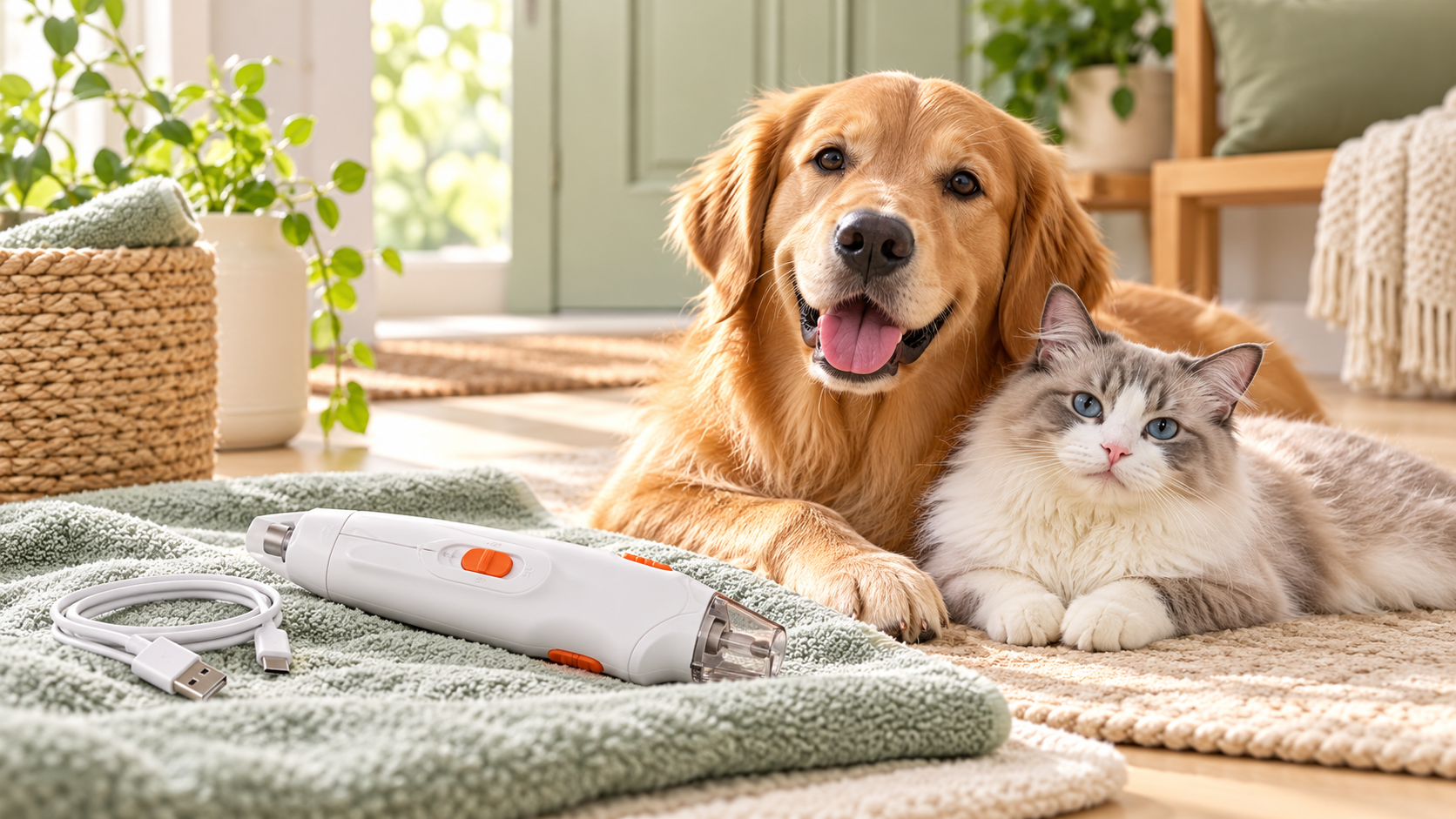 Dog and cat beside the PetOlive 2-in-1 nail clipper