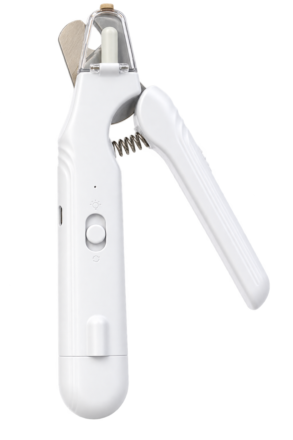 White PetOlive 2-in-1 spring-handle nail clipper and grinder on a transparent background
