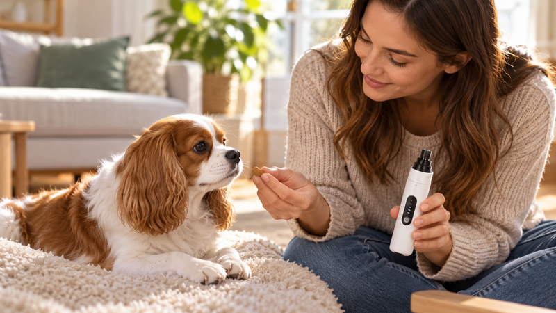 Pet owner calmly introducing the PetOlive electric nail grinder to a dog