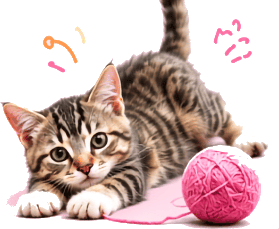 A tabby kitten playing with a ball of pink yarn