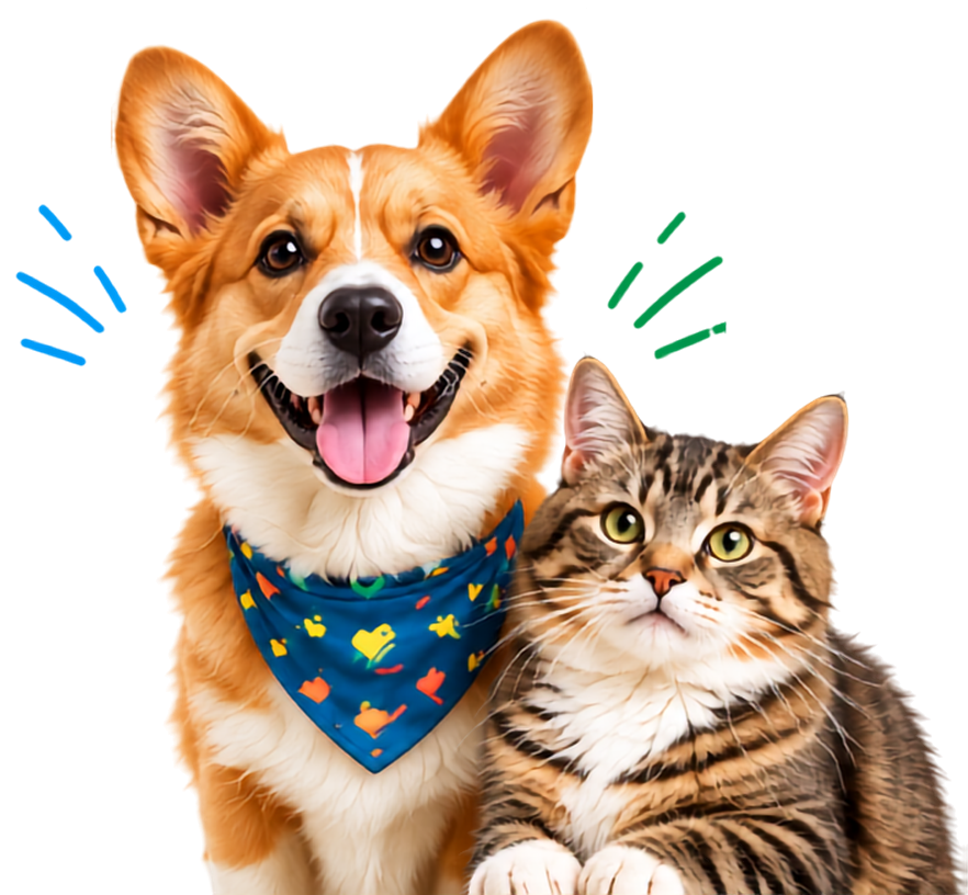 A smiling corgi wearing a colourful bandana beside a tabby cat