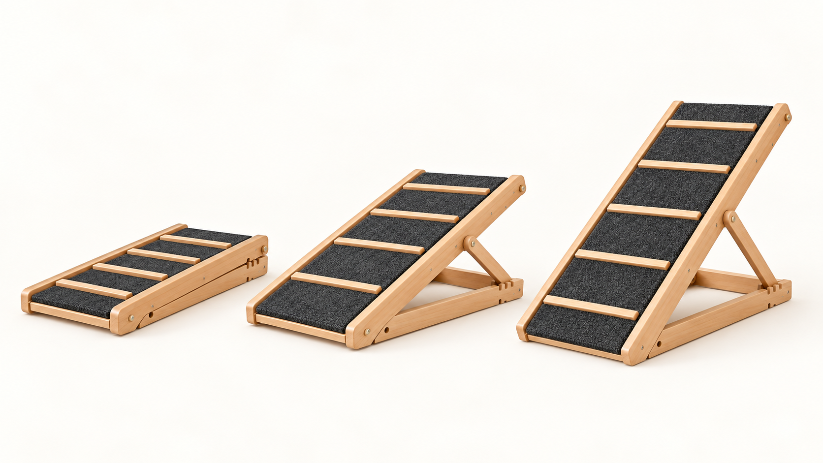 Adjustable wooden pet ramp shown folded and at two incline settings