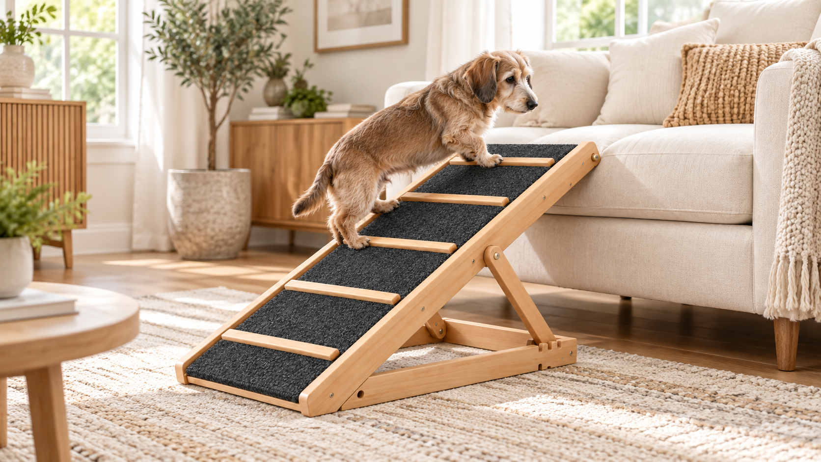 Small dog using the PetOlive adjustable wooden pet ramp beside a sofa